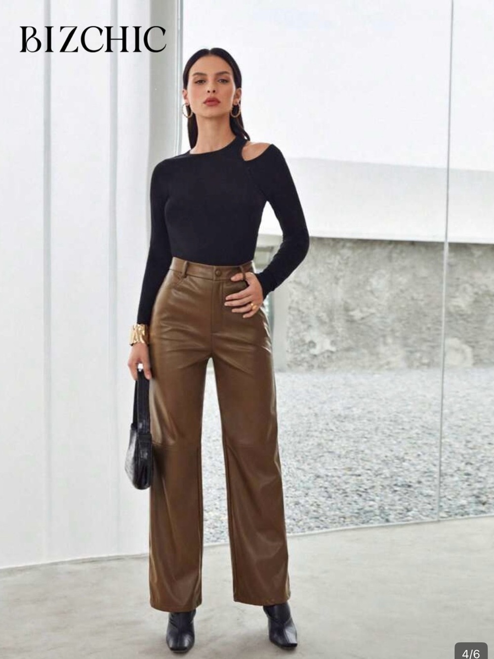 NEW chic High-Rise Olive Brown Faux Leather Wide-Leg Pants